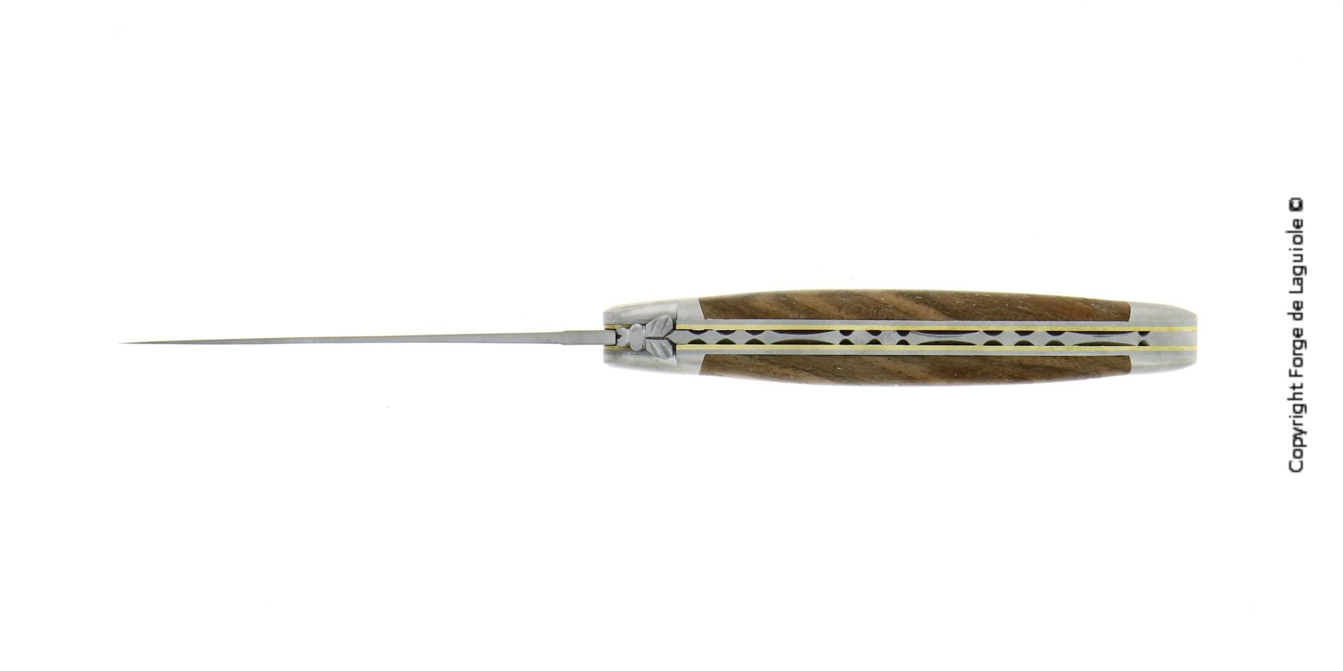 Laguiole Taschenmesser mit verziertem Biene und Holzgriff – Draufsicht auf den Messerrücken Detailaufnahme eines Laguiole Taschenmessers von oben mit feiner Verzierung und Holzgriff, deutliche Biene als Zierde