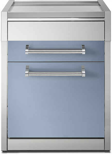 Moderner Medizinschrank aus Edelstahl mit blauer Front und zwei Griffen Vorderansicht eines medizinischen Schranks aus Edelstahl mit blauer Front, zwei großen Griffen und einer Schublade