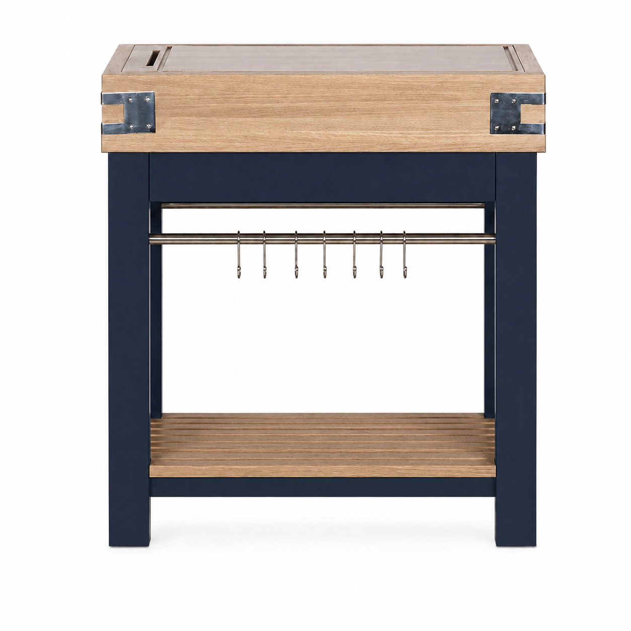 Stabile Kücheninsel/Servierwagen in Navy mit Eichenplatte, Metallbeschlägen, Hakenleiste für Küchenhelfer und unterem Ablageboden – ideal als Arbeitstisch, Buffet- oder Barwagen in Küche und Essbereich