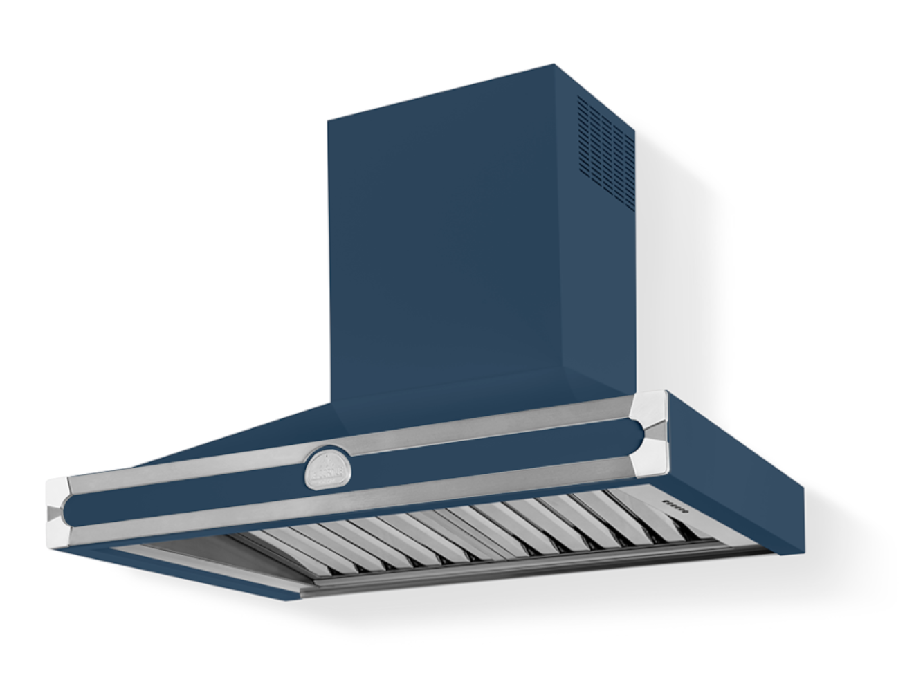 Moderne Dunstabzugshaube in Blau mit Edelstahl-Elementen für die Küche Dunstabzugshaube in elegantem Blau mit Edelstahlrahmen und Fettfilter, geeignet für moderne Küchen