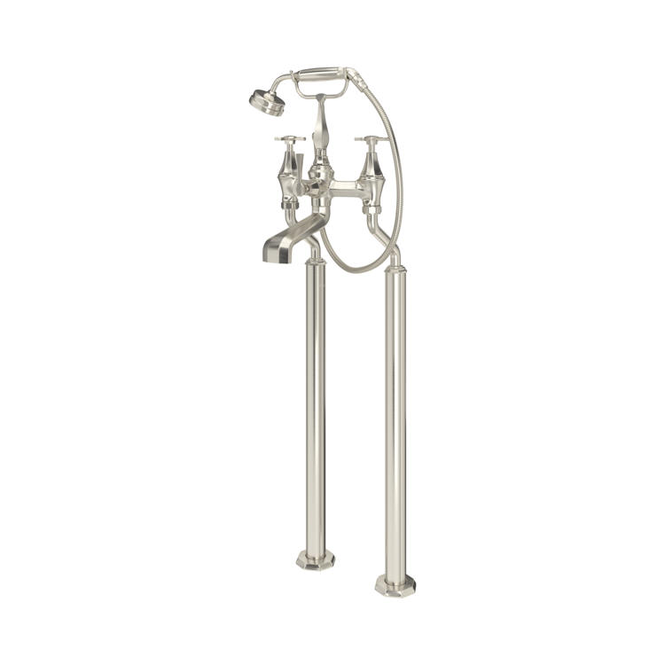Freistehende Badewannenarmatur mit zwei Griffen und Handbrause, Standmontage in gebürstetem Nickel; elegante Retro-Mischbatterie für Wannen mit Duschschlauch