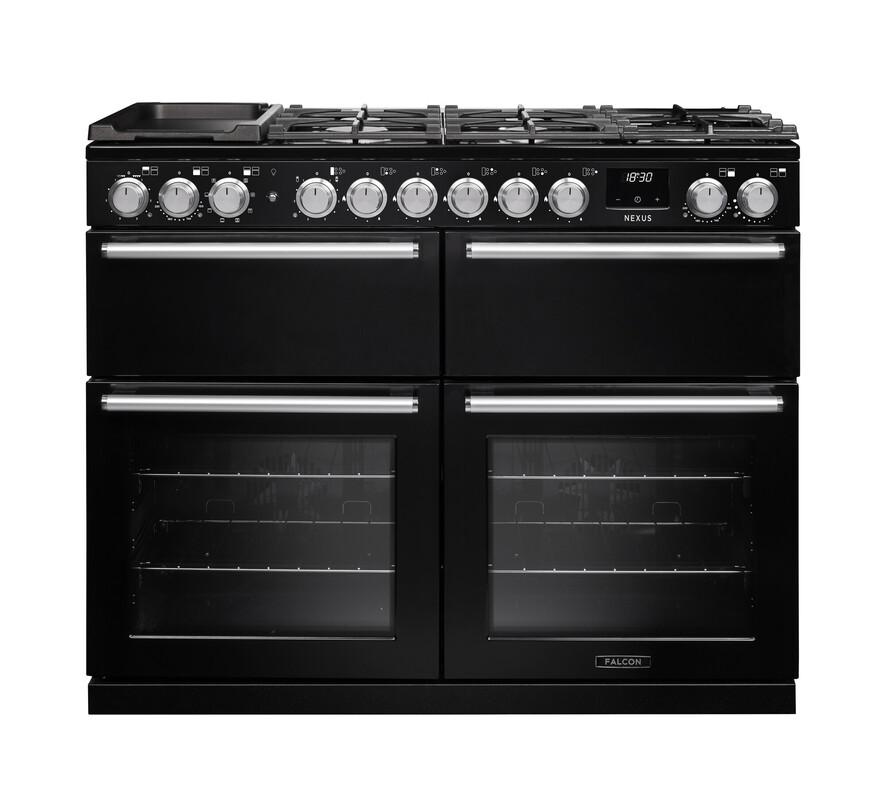 Falcon Nexus 110 cm Standherd in Schwarz, 5-flammiges Gas-Kochfeld mit Griddle, zwei Backöfen mit Sichtfenster, separater Grill, Edelstahl-Drehknöpfe – leistungsstarker Range Cooker für Familienküchen