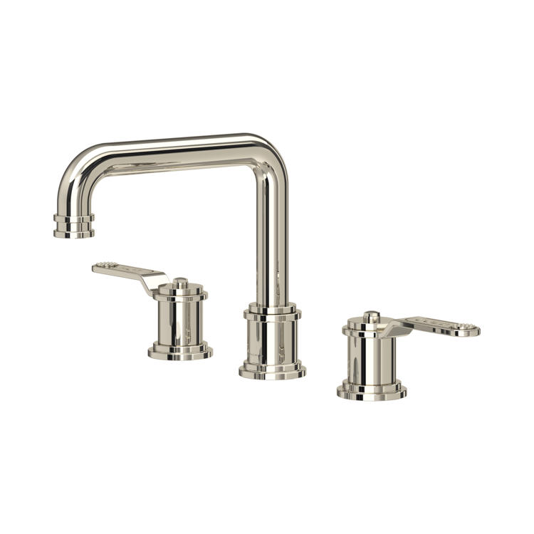 Hochwertige 3-Loch-Zweihebel-Armatur in poliertem Nickel mit gebogenem Auslauf für Waschtisch; separates Warm-/Kaltwasser, klassisches Design