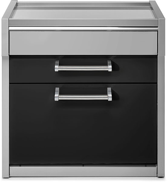 Frontansicht eines modernen Unterschranks aus Edelstahl und Schwarz mit zwei großen Schubladen und Metallgriffen