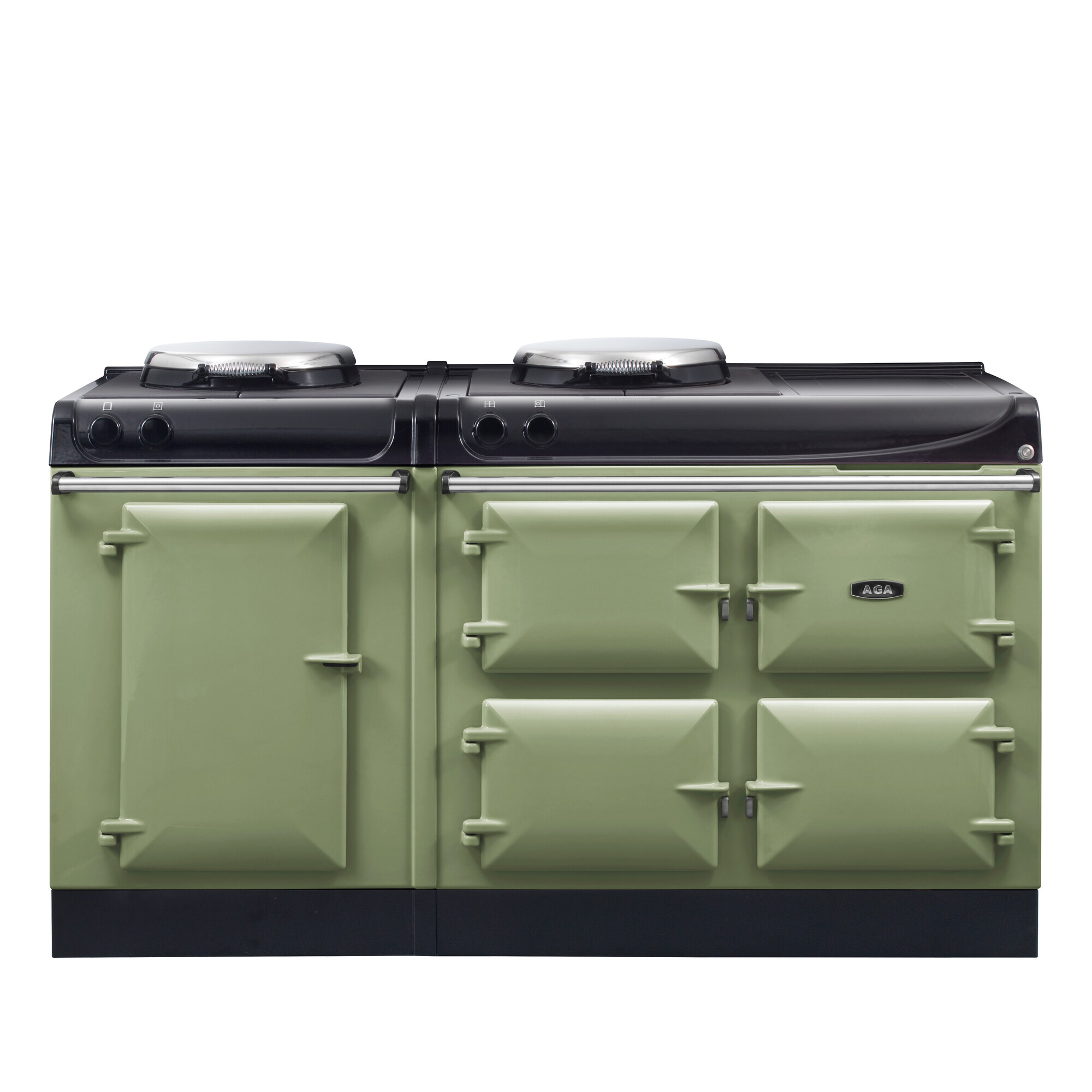 AGA Herd in Pastellgrün mit vier Backofenklappen und zwei Kochplatten – klassischer Landhausstil für Ihre Küche Grüner AGA Herd mit vier Backofenklappen und zwei runden Herdplatten, freistehend im klassischen Design