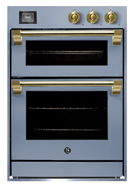 Blauer Retro Einbaubackofen mit zwei Backfächern, goldenen Griffen und drei Drehknöpfen