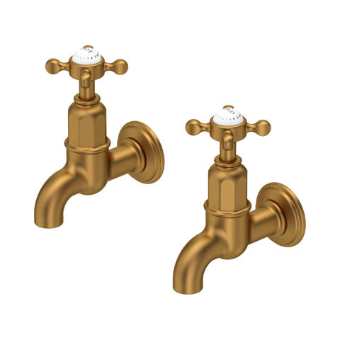 2er Set Retro-Wandarmaturen aus massivem Messing in Gold, Wasserhähne mit Kreuzgriffen für Bad oder Küche