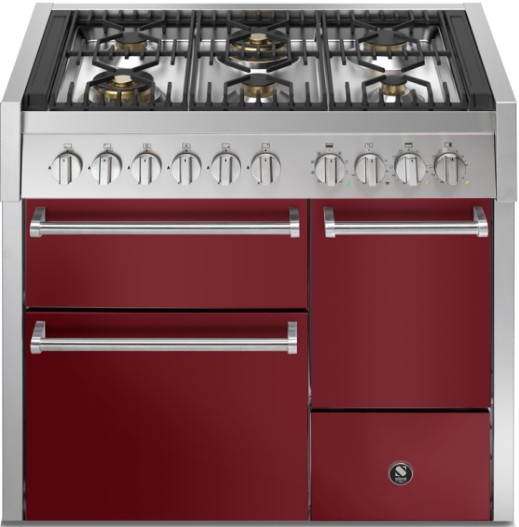 Freistehender Gasherd 90 cm, 5 Flammen, rot, Edelstahl
