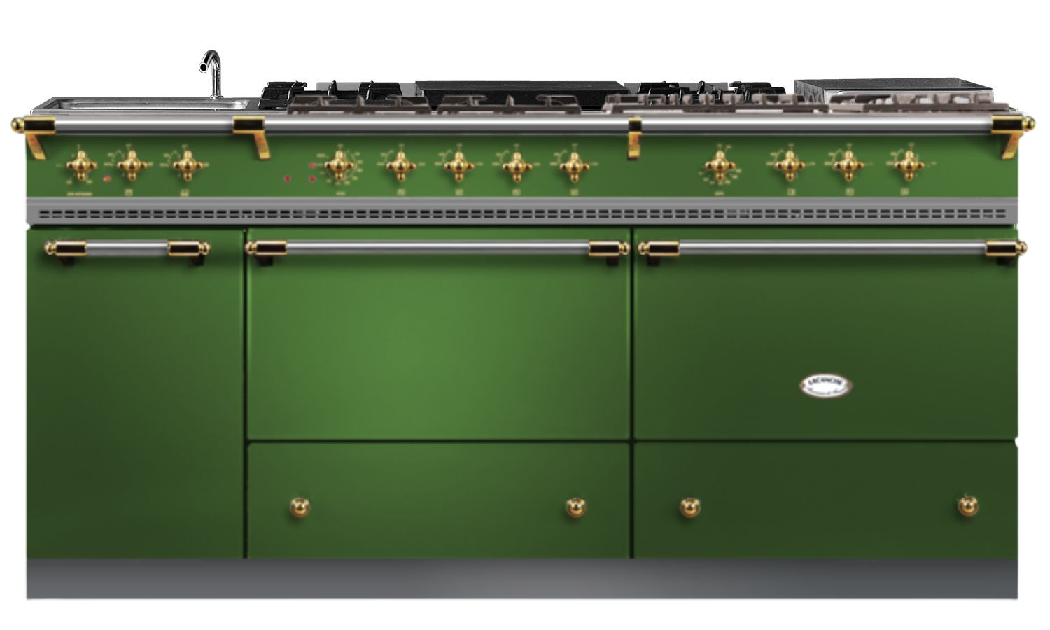 Großer grüner Lacanche Gas-Standherd mit mehreren Kochfeldern, zwei Backöfen und Messing-Bedienelementen