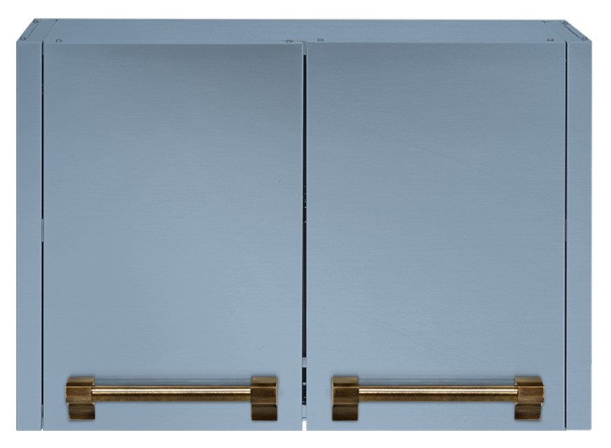 Moderner Küchenhängeschrank aus Metall mit doppeltürigem Design und goldfarbenen Griffen Küchenschrank aus hellblauem Metall mit zwei Türen und goldfarbigen Griffen im modernen Stil