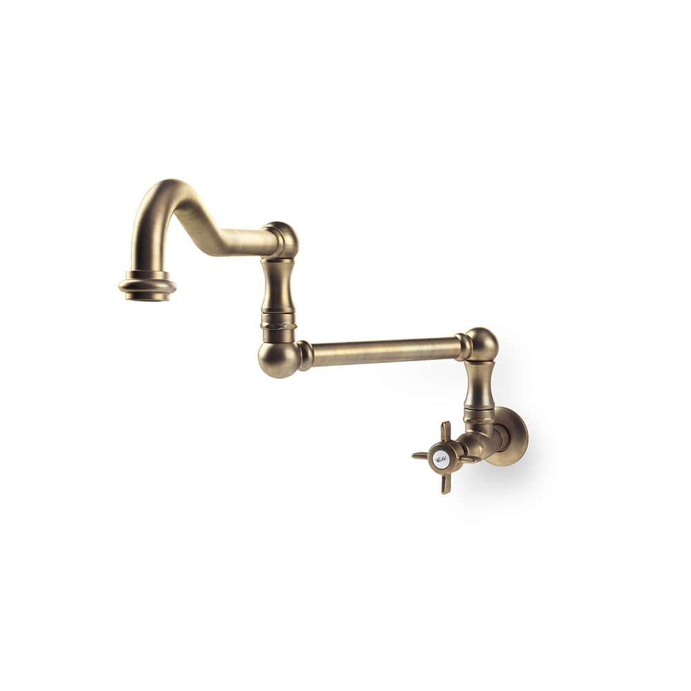 Wandarmatur im Vintage-Stil, ausziehbare Küchenarmatur, Messing, antik gebürstet Wandmontierte Küchenarmatur im Vintage-Look aus gebürstetem Messing mit ausziehbarem Auslauf und markantem Drehgriff