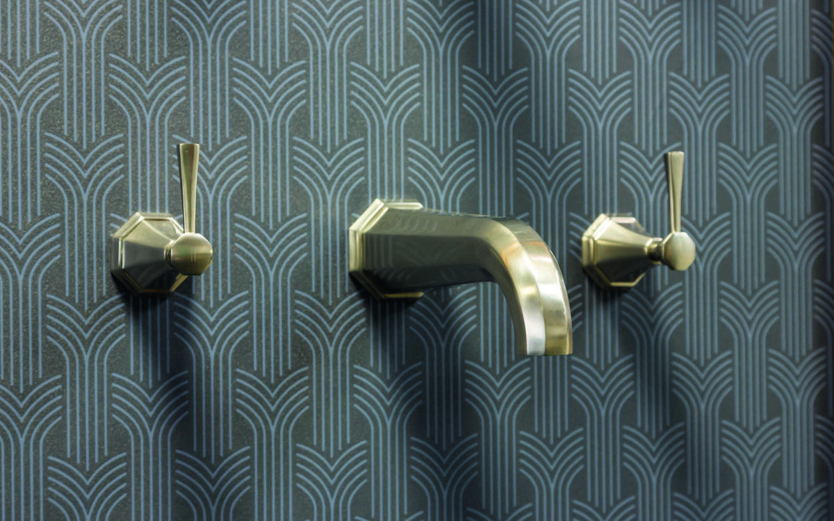 Perrin & Rowe Deco 3145: wandmontierte 3-Loch Waschtischarmatur mit gebogenem Auslauf und zwei Hebelgriffen im Art-Déco-Stil – elegant für Badezimmer und Gäste-WCs