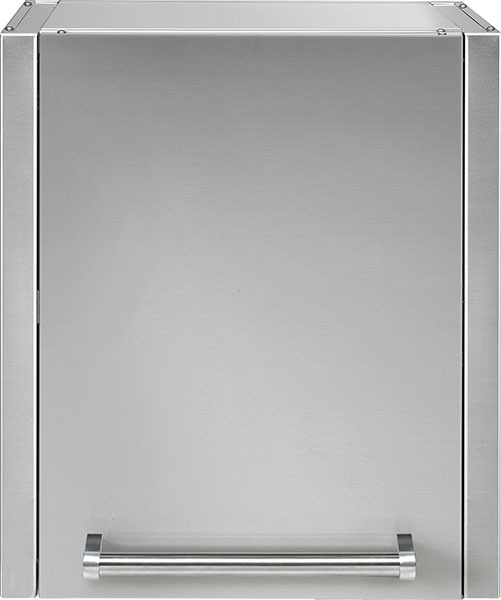 Edelstahl Einbau-Müllschublade für Outdoor-Küche, moderne Abfalllösung Vorderansicht einer Edelstahl-Müllschublade mit Griff, passend für Outdoorküchen