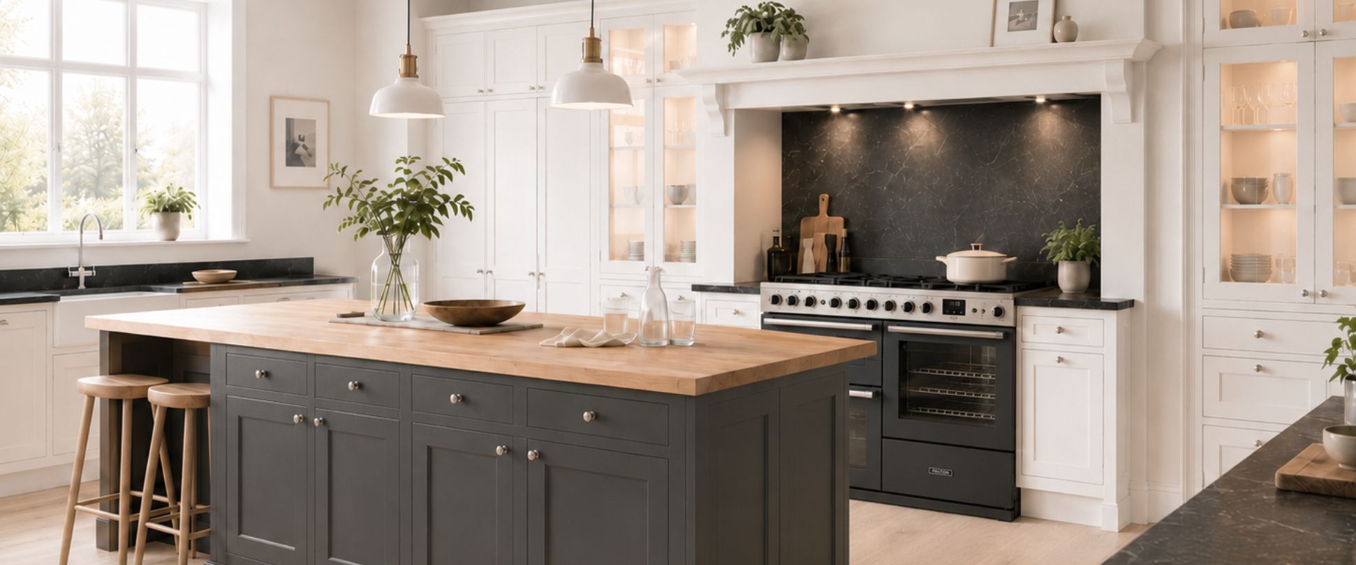 Helle Shaker-Landhausküche mit großem Range-Cooker, schwarzer Rückwand, weißer Front, dunkelgrauer Kücheninsel mit Holzplatte, Hockern und Pendelleuchten – stilvolle Einbauküche