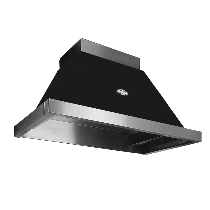 Edelstahl Dunstabzugshaube für die Küche – modernes Design in Schwarz und Silber Abgebildet ist eine moderne Dunstabzugshaube aus Edelstahl mit schwarzen Elementen für den Einsatz in der Küche.