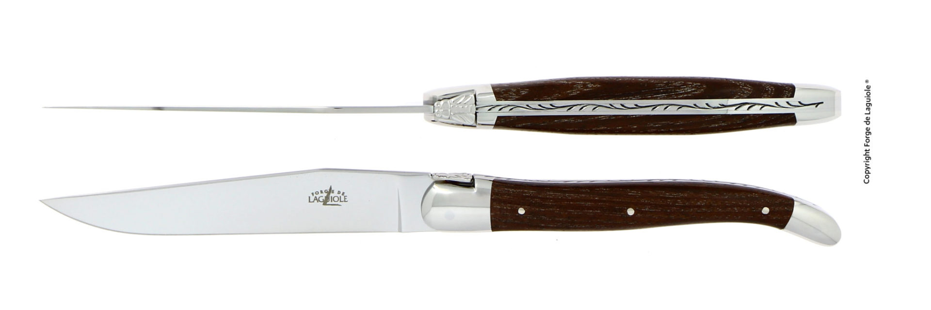 Laguiole Taschenmesser mit Holzgriff und verziertem Edelstahlrücken – Französisches Design Elegantes Laguiole Taschenmesser mit polierter Klinge, dekorativem Edelstahlrücken und edlem Holzgriff
