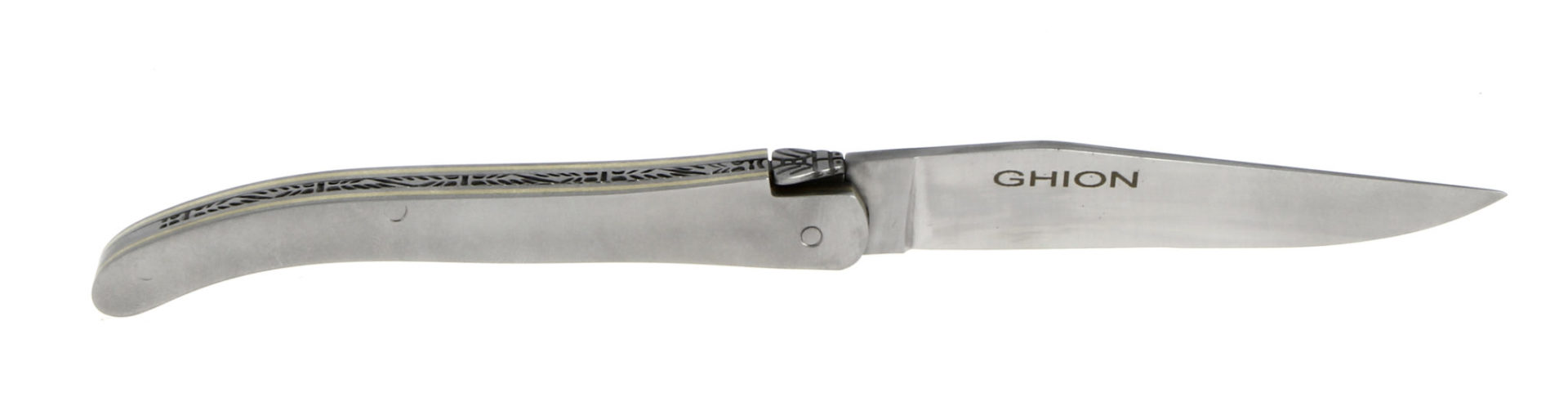 GHION Klappmesser aus Edelstahl mit Gravur und verziertem Griff Klappmesser aus Edelstahl der Marke GHION mit verziertem Griff und Gravur auf der Klinge
