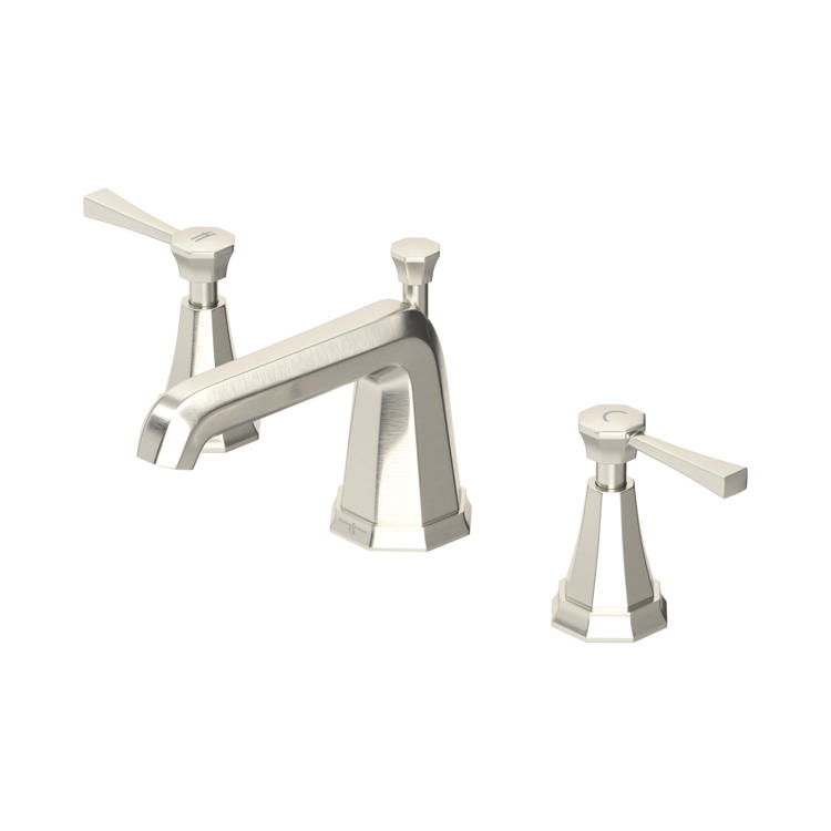 Elegante 3-Loch-Zweigriff-Waschtischarmatur in gebürstetem Nickel mit eckigem Auslauf und separaten Hebelgriffen für Warm/Kalt, ideal für moderne Badezimmer