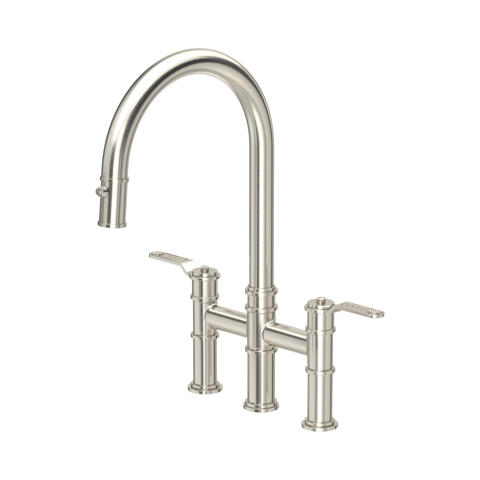 Küchenarmatur mit zwei Hebeln und hohem gebogenen Auslauf, Brückenmontage, Oberfläche gebürstetes Nickel