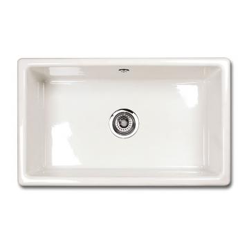 Rechteckige Keramikspüle in Weiß mit Ablaufventil – moderne Küchenspüle Weiße, rechteckige Keramikspüle mit mittigem Abfluss und Überlauf für die Küche