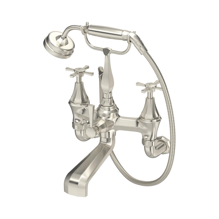 Nostalgische Wannenarmatur mit Kreuzgriffen und Telefon-Handbrause, Oberfläche gebürstetes Nickel; hochwertiger Zweigriff-Badewannenmischer mit Brauseschlauch für die Badewanne