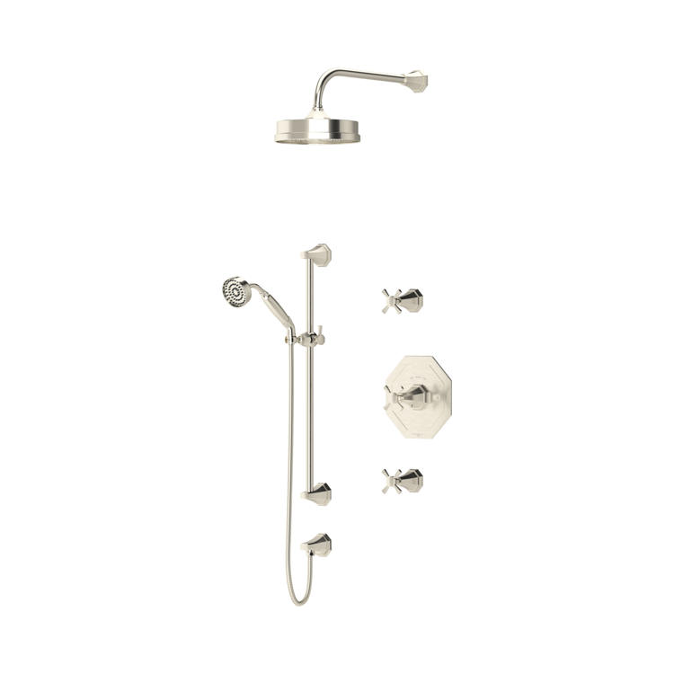 Komplettes Duschsystem aus Messing in gebürstetem Nickel mit großer Kopfbrause, Handbrause an Gleitschiene, Umsteller und zwei Kreuzgriffen – elegantes Set für die Dusche