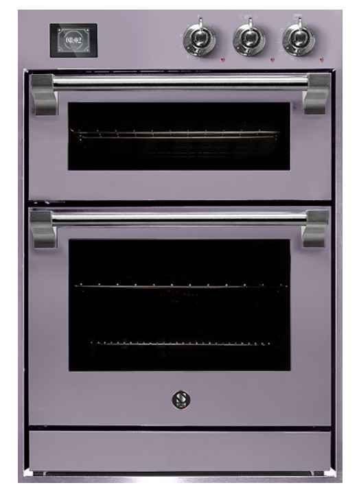 Lila Einbau-Backofen mit zwei Backkammern, Edelstahlgriffen und Bedienknöpfen, ideal für moderne Küchen