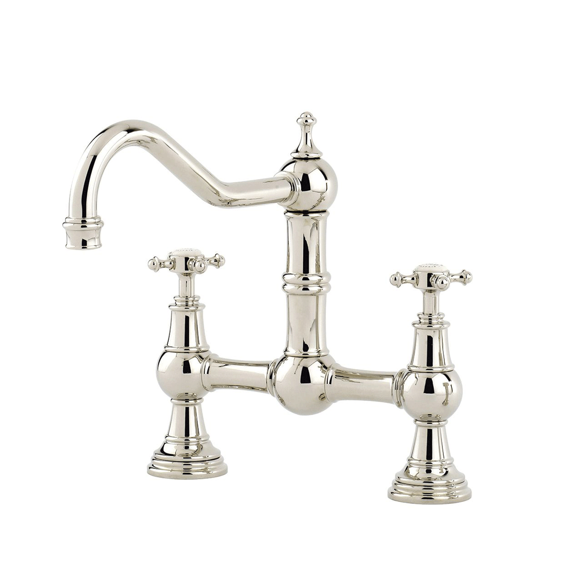 Küchenarmatur im klassischen Design mit zwei Drehgriffen und Hochglanz-Finish Zweigriff Küchenarmatur mit glänzender Oberfläche im Retro-Stil, geeignet für traditionelle Küchen