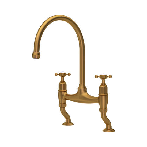 Hochwertige Küchenarmatur im Landhausstil – Zweigriff-Brückenarmatur aus Messing, hoher Schwanenhals-Auslauf, ideal für Spülbecken