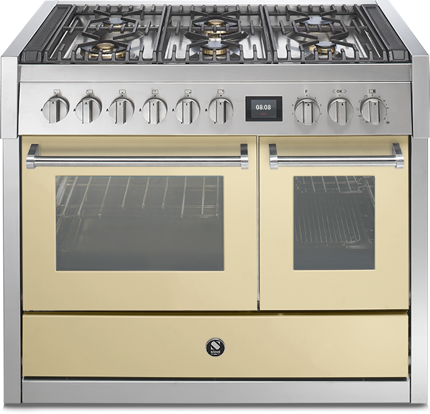 Großer Standherd mit Gas-Kochfeld und zwei Backöfen in Creme und Edelstahl Standherd mit sechs Gas-Kochfeldern und zwei Backöfen, cremefarbenes Design mit Edelstahldetails