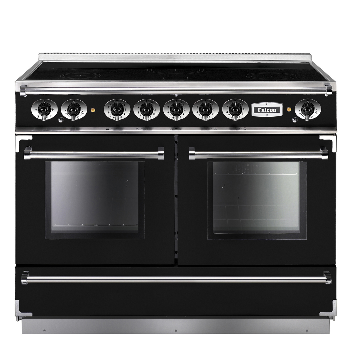 Falcon Herd mit Induktionskochfeld und zwei Backöfen in Schwarz für professionelle Küchen Falcon Induktionsherd mit zwei Backöfen und Edelstahlgriffen, freistehend, schwarz-silbernes Design