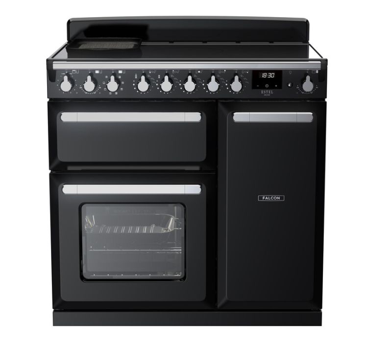Schwarzer Range Cooker mit mehreren Bedienelementen und Backofenabteilen, Modell von Falcon
