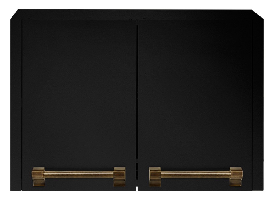 Moderner, schwarzer Hängeschrank mit zwei Türen und auffälligen goldfarbenen Griffen