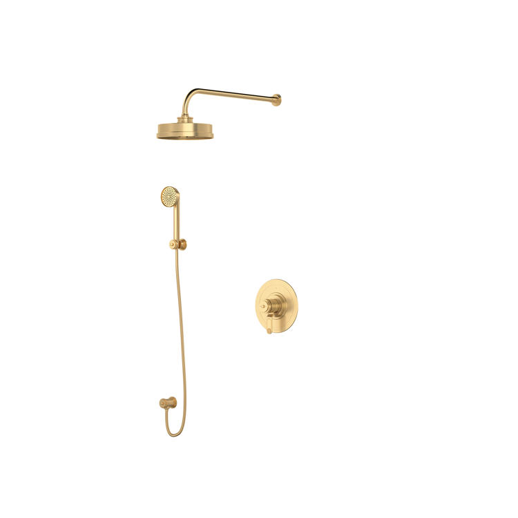 Elegantes Duschset in Gold: runde Regendusche mit Wandarm, Handbrause mit Schlauch und Wandhalterung, Mischbatterie – klassisches Design aus gebürstetem Messing