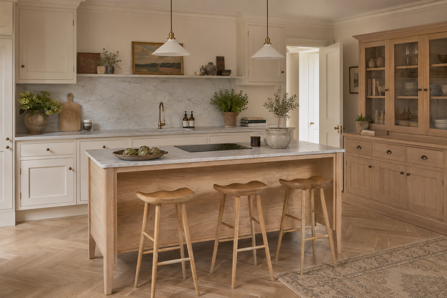 Helle Landhausküche mit Kücheninsel aus Eiche und drei ergonomischen Barhockern aus Massivholz, ideal als Tresenhocker für Küche und Wohnbereich