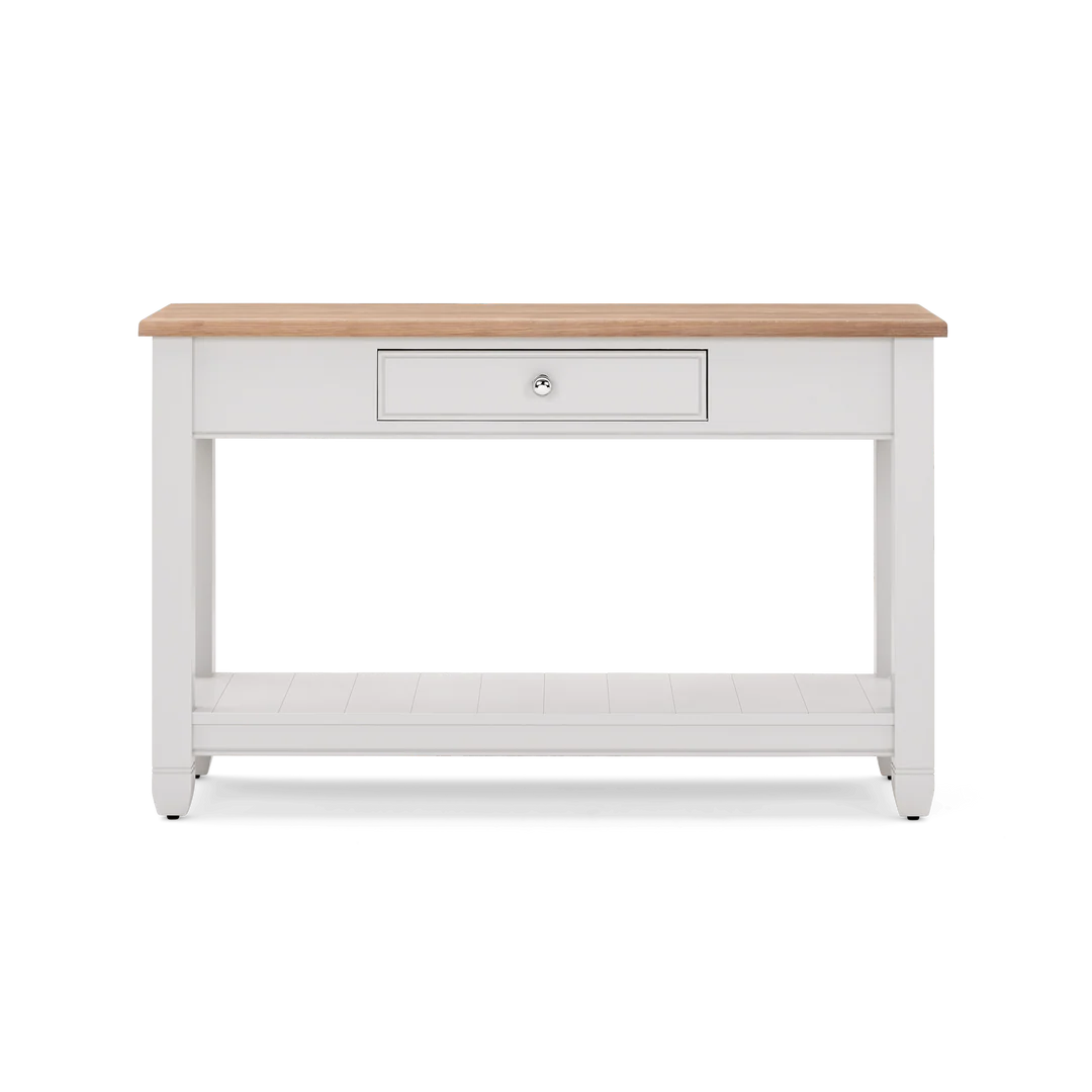 Weißer Konsolentisch im Landhaus-Stil mit naturfarbener Holzplatte, mittiger Schublade und unterer Ablage – ideal als Flurtisch, Sideboard oder Beistelltisch