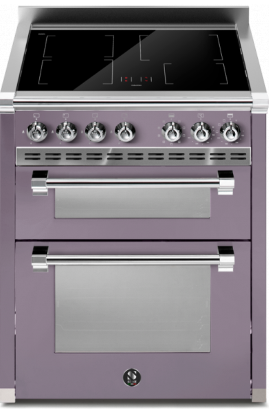 Violetter Induktionsherd mit zwei Öfen und Edelstahlgriffen