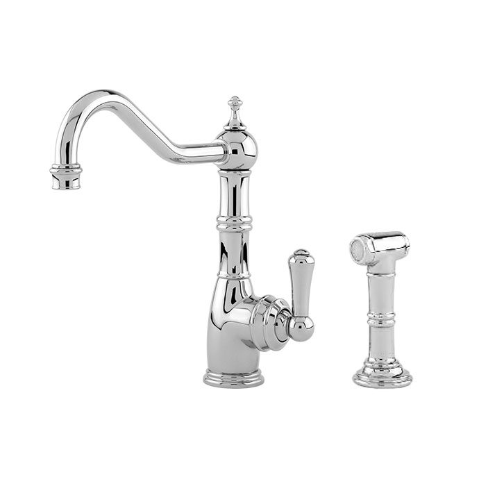 Nostalgische Küchenarmatur mit passender Handbrause aus verchromtem Messing Hochglanz verchromte Küchenarmatur mit geschwungenem Auslauf und passender Handbrause, im klassischen Design