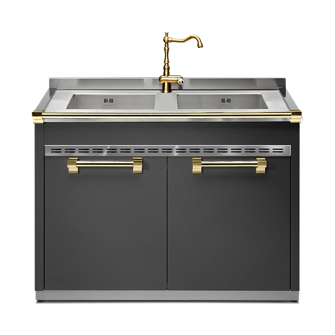 Luxuriöses Spülbecken mit Doppelbecken und goldenen Akzenten für moderne Küchen Elegantes Spülbecken mit zwei Becken, goldener Armatur und goldenen Griffen, ideal für zeitgemäße Kücheneinrichtungen