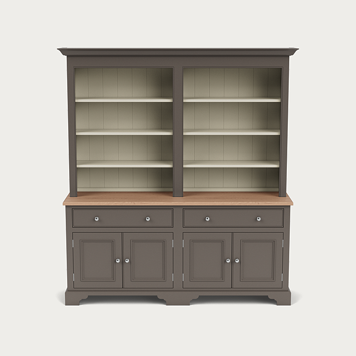 Chichester Open Dresser von Neptune: englische Küchenanrichte mit offenem Regal, Massivholzplatte, handlackierter Korpus, Schubladen und Türen – für Geschirr, Gläser, Bücher; Größen 4ft, 5ft, 6ft