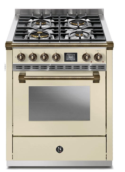 Cremefarbener Standherd mit fünf Gas-Kochfeldern, Edelstahl-Akzenten und großem Backofen im Retro-Look