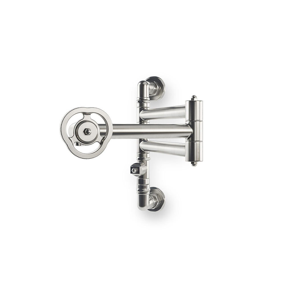 Wandarmatur aus Edelstahl mit modernem Drehgriff für Küche oder Bad Hochwertige Wandarmatur aus Edelstahl mit rundem Drehgriff und zwei Ausläufen, geeignet für moderne Küchen oder Bäder