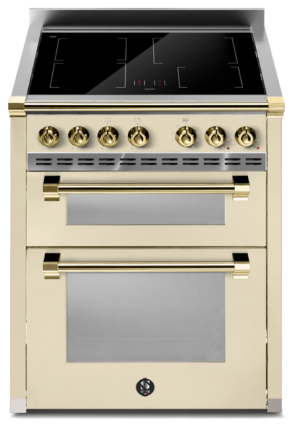 Freistehender Induktionsherd, creme, 2 Öfen, Messinggriffe