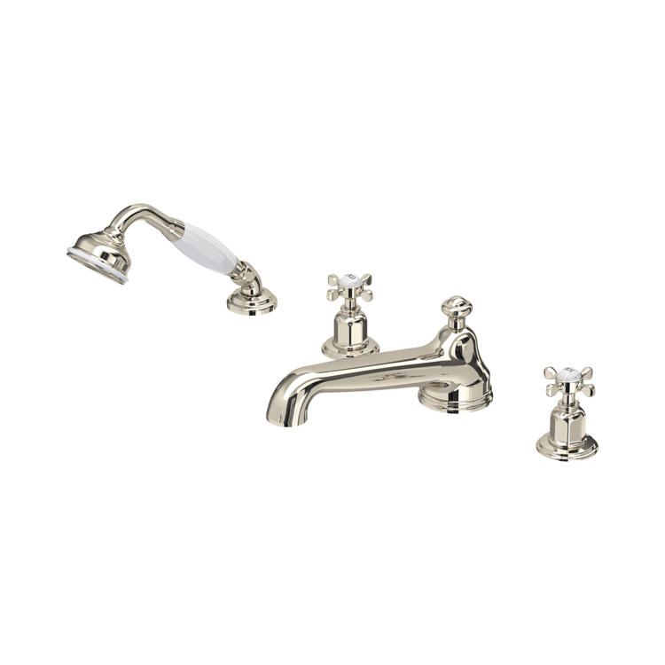 Perrin & Rowe Traditional 3738 4-Loch-Badewannenarmatur mit Kreuzgriffen und Handbrause in Nickel