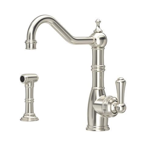 Hochbogen-Küchenarmatur aus Nickel mit Einhebel-Bedienung und passender Seitenbrause, klassisches Design, geeignet für Spülbecken, langlebige Metallausführung