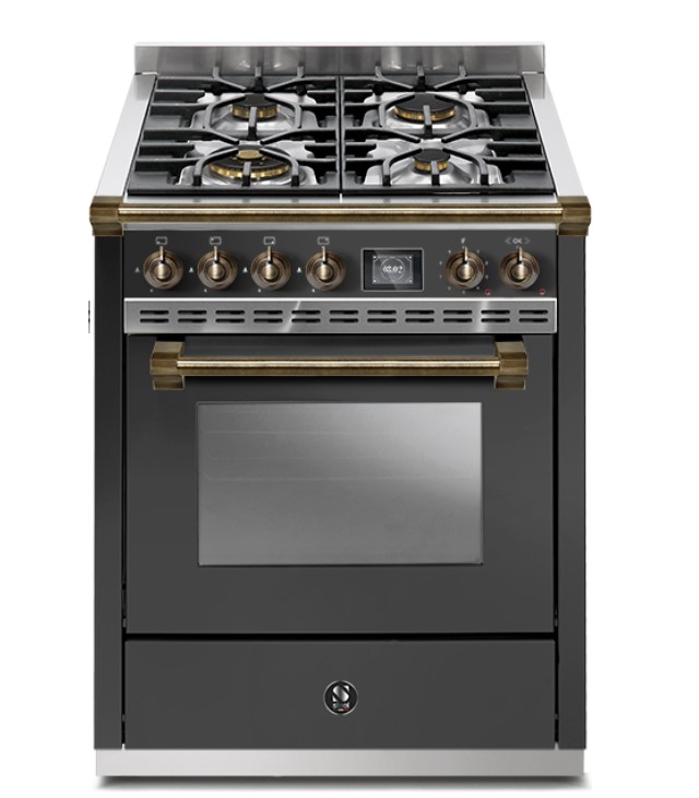 Hochwertiger Standherd mit vier Gas-Kochfeldern, elektronischer Steuerung und Backofen, schwarz mit Messinggriffen und Bedienelementen
