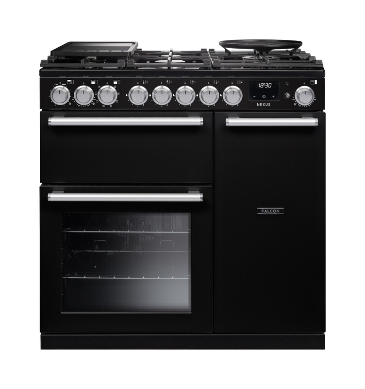 Schwarzer Falcon Nexus Standherd 110 mit Gas-Kochfeld (6 Brenner inkl. Wok), Grill und zwei Backöfen – Premium Range Cooker für die Küche