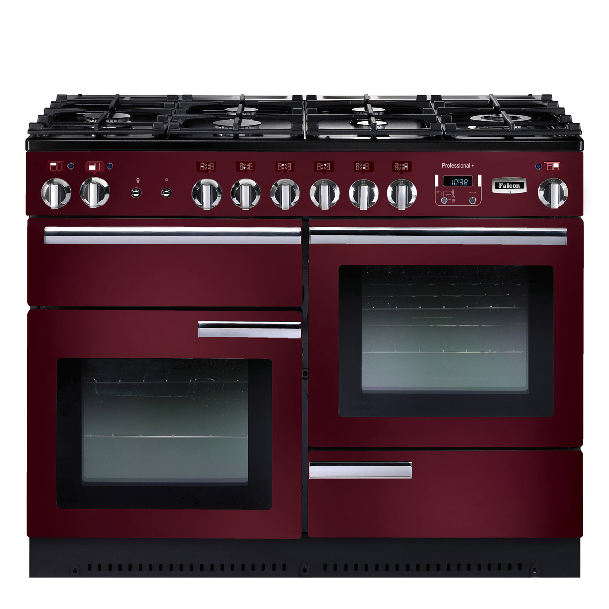 Falcon Professional+ 110 Gasherd in Bordeauxrot mit mehreren Öfen und Gaskochfeldern Großer, bordeauxroter Gasherd Falcon Professional+ 110 mit Edelstahlbedienelementen, mehreren Backöfen und sechs Gaskochfeldern