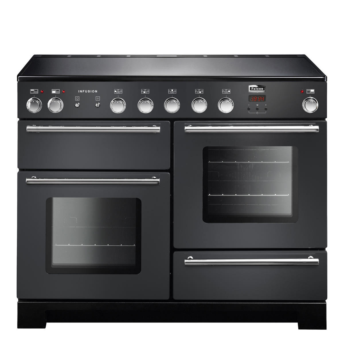 Falcon Infusion Range Cooker in Schwarz mit mehreren Backöfen und Kochfeldern – Hochwertiger Standherd für die moderne Küche Schwarzer Falcon Infusion Range Cooker mit mehreren Backöfen und Kochfeldern, freistehend, Edelstahlgriffe und Bedienknöpfe, ideal für große Küchen