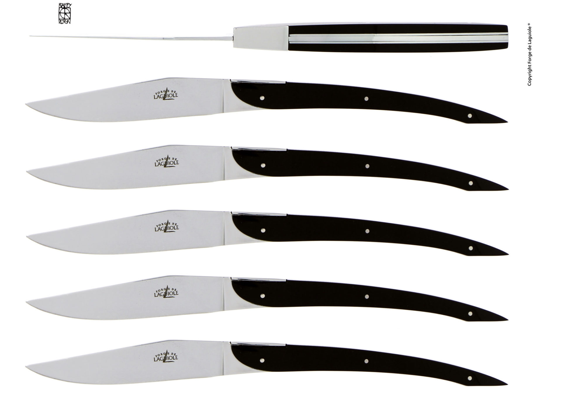 Laguiole Steakmesser Set mit schwarzen Griffen – 6 hochwertige Messer aus Edelstahl Sechs edle Laguiole Steakmesser mit schwarzen Griffen und Edelstahlklingen, nebeneinander angeordnet